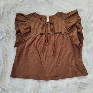 Anthropologie Dolan Womens Large Brown Cottagecore Flutter Sleeve Babydoll Top